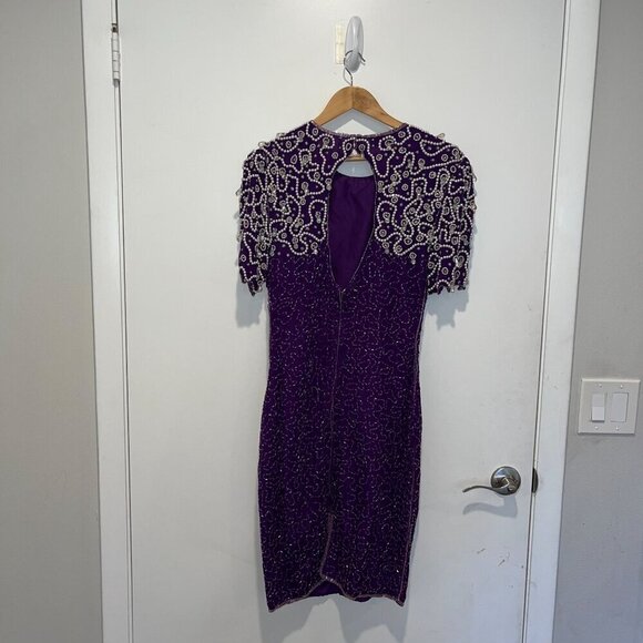 Vintage 1980s Purple Silk Beaded Sequin Cocktail Dress M - Picture 3 of 9